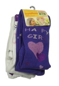 Nové - 2x punčocháče - fialové se srdíčky + bílo-fialovo-růžové pruhované s vločkami