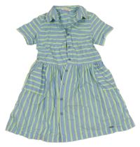 Modro-neonově žluté pruhované plátěné propínací košilové šaty