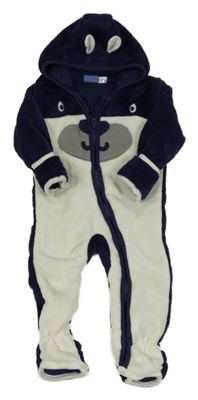 Smetanovo-tmavomodrá chlupatá podšitá kombinéza s medvědem a kapucí Lupilu