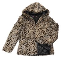 Hnědo-černá kožešinová podšitá bunda s leopardím vzorem a kapucí Yd.