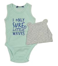 2 set - Mintové vzorované body s nápisem + šedá čepice s hvězdami 
