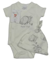 Nové 2 set - bílé žebrované zavinovací body s Dumbem + čepice Disney