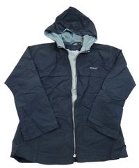 Tmavomodrá šusťáková jarní bunda s nápisem a kapucí 