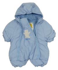 Modrá šusťáková zateplená kombinéza s medvědem a kapucí 