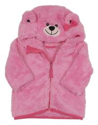 Růžová plyšová propínací mikina s medvědem a kapucí 