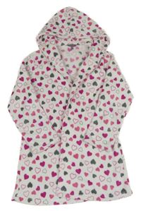 Bílo-růžový chlupatý župan se srdíčky a kapucí 