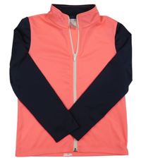 Neonově růžová sportovní funkční propínací mikina s tmavomodrými rukávy Decathlon