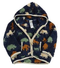 Tmavomodro-barevná chlupatá propínací mikina se zvířátky a kapucí 