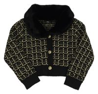 Černo-zlatý kostkovaný propínací crop svetr s límečkem s kožešinou River Island