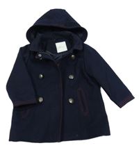 Tmavomodrý flaušový podšitý kabát s gombíky a kapucí Next