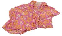 2set - Růžovo-žluto-oranžová květovaná crop halenka + kraťasy H&M