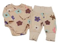 2set - Starorůžové květované zavinovací body + Žebrované květované lehké tepláky Topomini