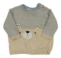 Béžovo-světlemodrý pruhovaný svetr s medvídkem F&F