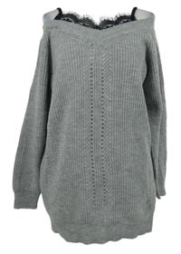 Dámský šedý ažurový dlouhý svetr s krajkou Bodyflirt 