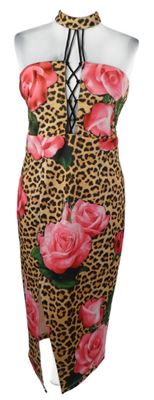 Dámské béžovo-černo-růžové vzorované pouzdrové šaty s květy a šněrováním 