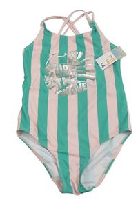 Světlerůžovo-zelené pruhované jednodílné plavky s nápisem Primark
