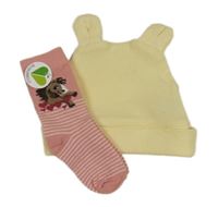 2set - citronová žebrovaná čepice s oušky + pruhované ponožky s koněm- nové