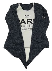 Černo-šedý melírovaný cardigan s všitým topem a nápisem 