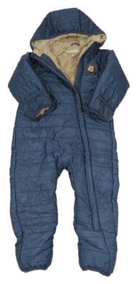 Tmavomodrošedá šusťáková prošívaná zimní kombinéza s medvědem a kapucí 