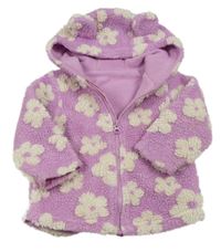 Lila-bílá květovaná huňatá podšitá bunda s kapucí s oušky St. Bernard