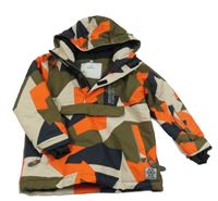 Khaki-béžovo-oranžová vzorovaná šusťáková lyžařská bunda s kapucí Topolino