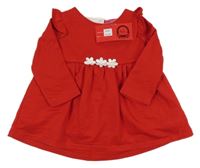 Nové - červené zateplené šaty s květy a volánky 