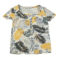 Bílo-žluto-tmavošedé žebrované crop tričko s listy Garcia