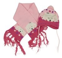 2set - Světlerůžovo-růžová pletená šála + čepice s pejskem 