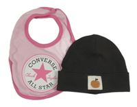 2set - Šedá žebrovaná čepice s jablíčkem + růžový bryndák Converse