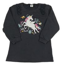 Tmavošedá mikinová tunika s jednorožcem a volánky Kiki&Koko