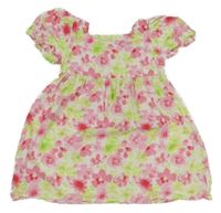 Bílo-růžovo-limetkové kytičkované plátěné šaty Primark 