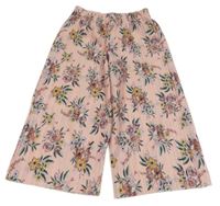 Světlerůžové plisované culottes květované kalhoty F&F