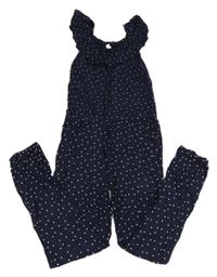 Tmavomodrý srdíčkovaný kalhotový letní overal s volánkem Yigga 