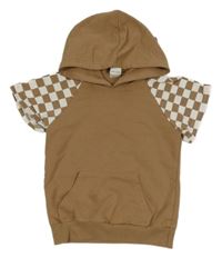 Béžovo-kostkovaná tepláková vesta s kapucí 