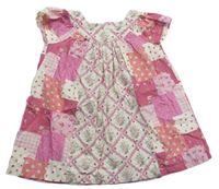 Smetanovo-růžovo-korálové kárované patchwork plátěné šaty s kytičkami