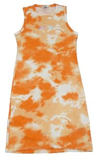 Oranžovo-světleoranžovo-bílé batikované žebrované šaty s nápisem PRIMARK