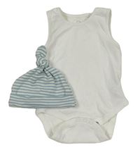 2Set - Bílé tílkové body Next + modro/bílá pruhovaná čepice M&Co