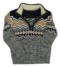 Černo-bílo-hnědý melírovaný pletený svetr se vzorem St. Bernard