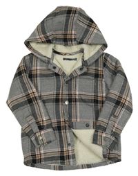 Šedo-černo-hnědá kostkovaná melírovaná zateplená košilová bunda s kapucí Next