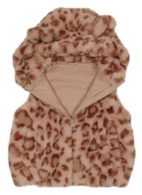 Růžovo-rezavá vzorovaná kožešinová podšitá vesta s kapucí s oušky Nutmeg