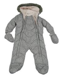 Šedo-bílá melírovaná prošívaná šusťáková zimní kombinéza s kapucí s kožešinou + rukavice F&F