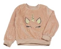 Světlerůžová plyšová mikina s jednorožcem s flitry C&A