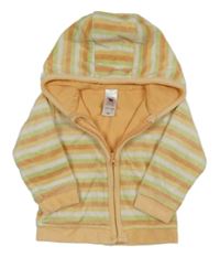 Oranžovo-zeleno-bílo-světleoranžová pruhovaná sametová propínací podšitá mikina s kapucí C&A