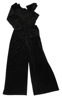 Černo-stříbrný pruhovaný sametový kalhotový asymetrický culottes overal s mašlí ZARA