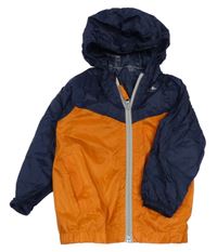 Tmavomodro/oranžová šusťáková nepromokavá funkční bunda s logem a kapucí Quechua