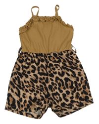 Hnědo-černo-béžový žebrovaný vzorovaný letní overal s kanýrkem