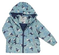 Světlemodrá nepromokavá jarní bunda se žraloky a velrybami a kapucí lupilu