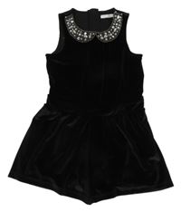 Černý sametový kraťasový overal s límečkem s korálky a kamínky M&S