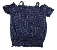 Tmavomodro-bílé puntíkaté tričko s volnými rameny YIGGA