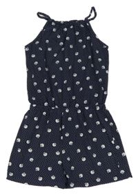 Tmavomodrý puntíkatý letní overal s mušličkami YIGGA